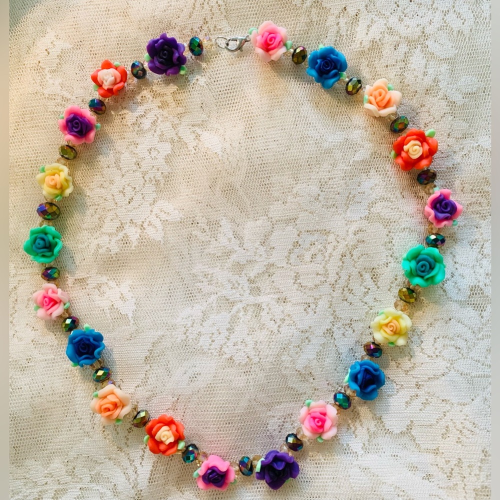 Rainbow Flower Lei Necklace has Sparkling Crystals Is One of Kind Just Like You!